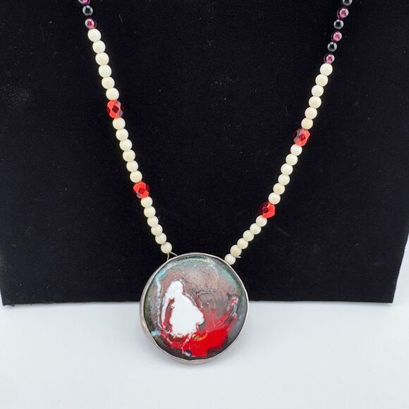 Vintage Handmade Enamel Sterling Silver Artisan Mother of Pearl Bead Necklace - Picture 9 of 14